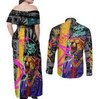 Punk Cheetah Graffiti Couples Matching Off Shoulder Maxi Dress and Long Sleeve Button Shirt with Punk Not Dead Street Art and Neon Jungle Design - Wonder Print Shop