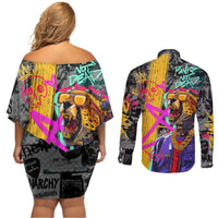 Punk Cheetah Graffiti Couples Matching Off Shoulder Short Dress and Long Sleeve Button Shirt with Punk Not Dead Street Art and Neon Jungle Design - Wonder Print Shop
