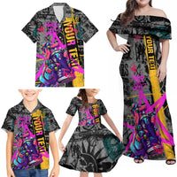 Punk Cheetah Graffiti Family Matching Off Shoulder Maxi Dress and Hawaiian Shirt with Punk Not Dead Street Art and Neon Jungle Design - Wonder Print Shop