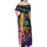 Punk Cheetah Graffiti Family Matching Off Shoulder Maxi Dress and Hawaiian Shirt with Punk Not Dead Street Art and Neon Jungle Design - Wonder Print Shop