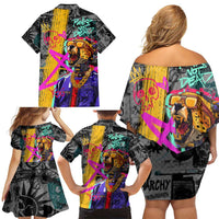 Punk Cheetah Graffiti Family Matching Off Shoulder Short Dress and Hawaiian Shirt with Punk Not Dead Street Art and Neon Jungle Design - Wonder Print Shop