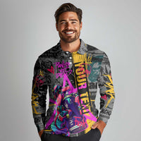 Punk Cheetah Graffiti Long Sleeve Polo Shirt with Punk Not Dead Street Art and Neon Jungle Design - Wonder Print Shop
