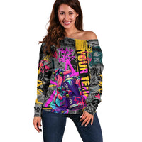 Punk Cheetah Graffiti Off Shoulder Sweater with Punk Not Dead Street Art and Neon Jungle Design - Wonder Print Shop