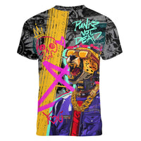 Punk Cheetah Graffiti Women V-Neck T-Shirt with Punk Not Dead Street Art and Neon Jungle Design - Wonder Print Shop