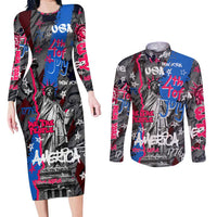 4th of July Graffiti Couples Matching Long Sleeve Bodycon Dress and Long Sleeve Button Shirt with Statue of Liberty and American Independence Street Art Design - Wonder Print Shop