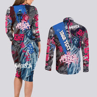 4th of July Graffiti Couples Matching Long Sleeve Bodycon Dress and Long Sleeve Button Shirt with Statue of Liberty and American Independence Street Art Design - Wonder Print Shop