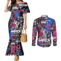 4th of July Graffiti Couples Matching Mermaid Dress and Long Sleeve Button Shirt with Statue of Liberty and American Independence Street Art Design - Wonder Print Shop