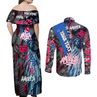 4th of July Graffiti Couples Matching Off Shoulder Maxi Dress and Long Sleeve Button Shirt with Statue of Liberty and American Independence Street Art Design - Wonder Print Shop