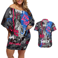 4th of July Graffiti Couples Matching Off Shoulder Short Dress and Hawaiian Shirt with Statue of Liberty and American Independence Street Art Design - Wonder Print Shop