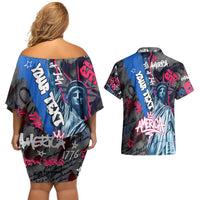 4th of July Graffiti Couples Matching Off Shoulder Short Dress and Hawaiian Shirt with Statue of Liberty and American Independence Street Art Design - Wonder Print Shop