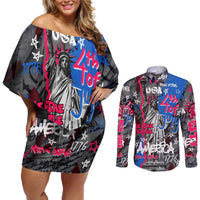 4th of July Graffiti Couples Matching Off Shoulder Short Dress and Long Sleeve Button Shirt with Statue of Liberty and American Independence Street Art Design - Wonder Print Shop