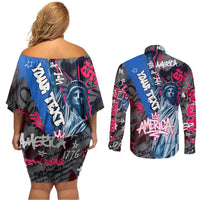 4th of July Graffiti Couples Matching Off Shoulder Short Dress and Long Sleeve Button Shirt with Statue of Liberty and American Independence Street Art Design - Wonder Print Shop