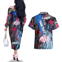 4th of July Graffiti Couples Matching Off The Shoulder Long Sleeve Dress and Hawaiian Shirt with Statue of Liberty and American Independence Street Art Design - Wonder Print Shop