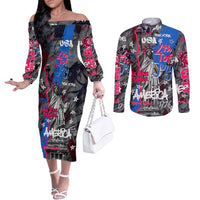 4th of July Graffiti Couples Matching Off The Shoulder Long Sleeve Dress and Long Sleeve Button Shirt with Statue of Liberty and American Independence Street Art Design - Wonder Print Shop