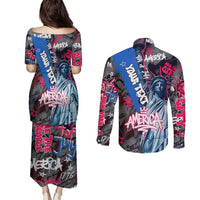 4th of July Graffiti Couples Matching Puletasi and Long Sleeve Button Shirt with Statue of Liberty and American Independence Street Art Design - Wonder Print Shop