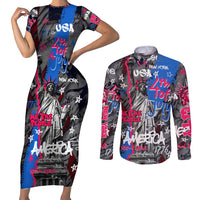 4th of July Graffiti Couples Matching Short Sleeve Bodycon Dress and Long Sleeve Button Shirt with Statue of Liberty and American Independence Street Art Design - Wonder Print Shop