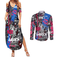 4th of July Graffiti Couples Matching Summer Maxi Dress and Long Sleeve Button Shirt with Statue of Liberty and American Independence Street Art Design - Wonder Print Shop