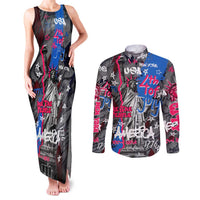 4th of July Graffiti Couples Matching Tank Maxi Dress and Long Sleeve Button Shirt with Statue of Liberty and American Independence Street Art Design - Wonder Print Shop