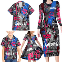 4th of July Graffiti Family Matching Long Sleeve Bodycon Dress and Hawaiian Shirt with Statue of Liberty and American Independence Street Art Design - Wonder Print Shop