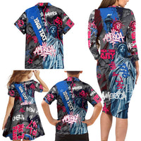 4th of July Graffiti Family Matching Long Sleeve Bodycon Dress and Hawaiian Shirt with Statue of Liberty and American Independence Street Art Design - Wonder Print Shop