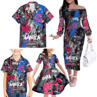 4th of July Graffiti Family Matching Off The Shoulder Long Sleeve Dress and Hawaiian Shirt with Statue of Liberty and American Independence Street Art Design - Wonder Print Shop