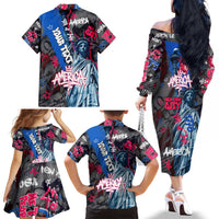 4th of July Graffiti Family Matching Off The Shoulder Long Sleeve Dress and Hawaiian Shirt with Statue of Liberty and American Independence Street Art Design - Wonder Print Shop