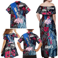 4th of July Graffiti Family Matching Off Shoulder Maxi Dress and Hawaiian Shirt with Statue of Liberty and American Independence Street Art Design - Wonder Print Shop