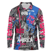 4th of July Graffiti Long Sleeve Polo Shirt with Statue of Liberty and American Independence Street Art Design - Wonder Print Shop