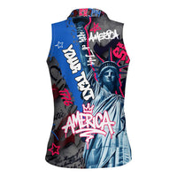 4th of July Graffiti Women Sleeveless Polo Shirt with Statue of Liberty and American Independence Street Art Design - Wonder Print Shop