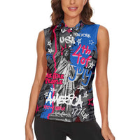 4th of July Graffiti Women Sleeveless Polo Shirt with Statue of Liberty and American Independence Street Art Design - Wonder Print Shop