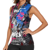 4th of July Graffiti Women Sleeveless Polo Shirt with Statue of Liberty and American Independence Street Art Design - Wonder Print Shop