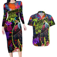 Graffiti Hip Hop Couples Matching Long Sleeve Bodycon Dress and Hawaiian Shirt with Neon Bear and Street Artist Panda Design - Wonder Print Shop