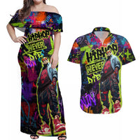 Graffiti Hip Hop Couples Matching Off Shoulder Maxi Dress and Hawaiian Shirt with Neon Bear and Street Artist Panda Design - Wonder Print Shop