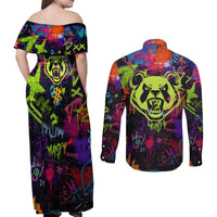 Graffiti Hip Hop Couples Matching Off Shoulder Maxi Dress and Long Sleeve Button Shirt with Neon Bear and Street Artist Panda Design - Wonder Print Shop