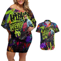 Graffiti Hip Hop Couples Matching Off Shoulder Short Dress and Hawaiian Shirt with Neon Bear and Street Artist Panda Design - Wonder Print Shop