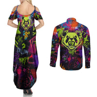 Graffiti Hip Hop Couples Matching Summer Maxi Dress and Long Sleeve Button Shirt with Neon Bear and Street Artist Panda Design - Wonder Print Shop