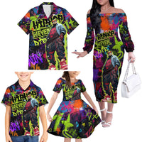 Graffiti Hip Hop Family Matching Off The Shoulder Long Sleeve Dress and Hawaiian Shirt with Neon Bear and Street Artist Panda Design - Wonder Print Shop