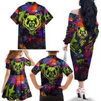 Graffiti Hip Hop Family Matching Off The Shoulder Long Sleeve Dress and Hawaiian Shirt with Neon Bear and Street Artist Panda Design - Wonder Print Shop