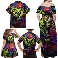 Graffiti Hip Hop Family Matching Off Shoulder Maxi Dress and Hawaiian Shirt with Neon Bear and Street Artist Panda Design - Wonder Print Shop