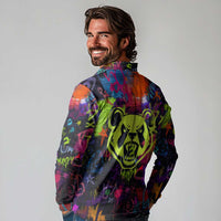 Graffiti Hip Hop Long Sleeve Polo Shirt with Neon Bear and Street Artist Panda Design - Wonder Print Shop