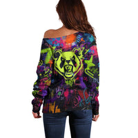 Graffiti Hip Hop Off Shoulder Sweater with Neon Bear and Street Artist Panda Design - Wonder Print Shop