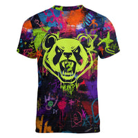Graffiti Hip Hop Women V-Neck T-Shirt with Neon Bear and Street Artist Panda Design - Wonder Print Shop