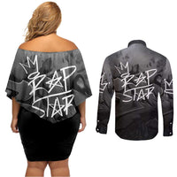 Rap Star Streetwear Couples Matching Off Shoulder Short Dress and Long Sleeve Button Shirt with Graffiti Lettering and Hip Hop - Wonder Print Shop
