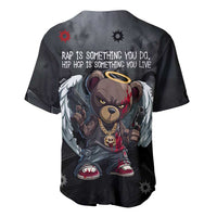 Hip Hop Streetwear Baseball Jersey with Graffiti Boombox and Angel Bear Graphic in Urban Bullet Hole Design - Wonder Print Shop