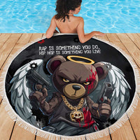 Hip Hop Streetwear Beach Blanket with Graffiti Boombox and Angel Bear Graphic in Urban Bullet Hole Design - Wonder Print Shop