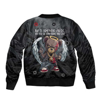 Hip Hop Streetwear Bomber Jacket with Graffiti Boombox and Angel Bear Graphic in Urban Bullet Hole Design - Wonder Print Shop