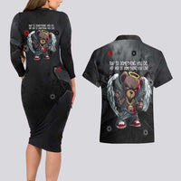 Hip Hop Streetwear Couples Matching Long Sleeve Bodycon Dress and Hawaiian Shirt with Graffiti Boombox and Angel Bear Graphic in Urban Bullet Hole Design - Wonder Print Shop