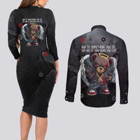 Hip Hop Streetwear Couples Matching Long Sleeve Bodycon Dress and Long Sleeve Button Shirt with Graffiti Boombox and Angel Bear Graphic in Urban Bullet Hole Design - Wonder Print Shop
