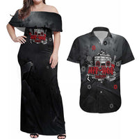 Hip Hop Streetwear Couples Matching Off Shoulder Maxi Dress and Hawaiian Shirt with Graffiti Boombox and Angel Bear Graphic in Urban Bullet Hole Design - Wonder Print Shop