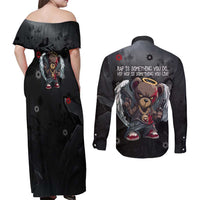 Hip Hop Streetwear Couples Matching Off Shoulder Maxi Dress and Long Sleeve Button Shirt with Graffiti Boombox and Angel Bear Graphic in Urban Bullet Hole Design - Wonder Print Shop